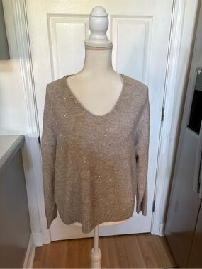 Nordstrom Beige Sequin V-Neck Sweater